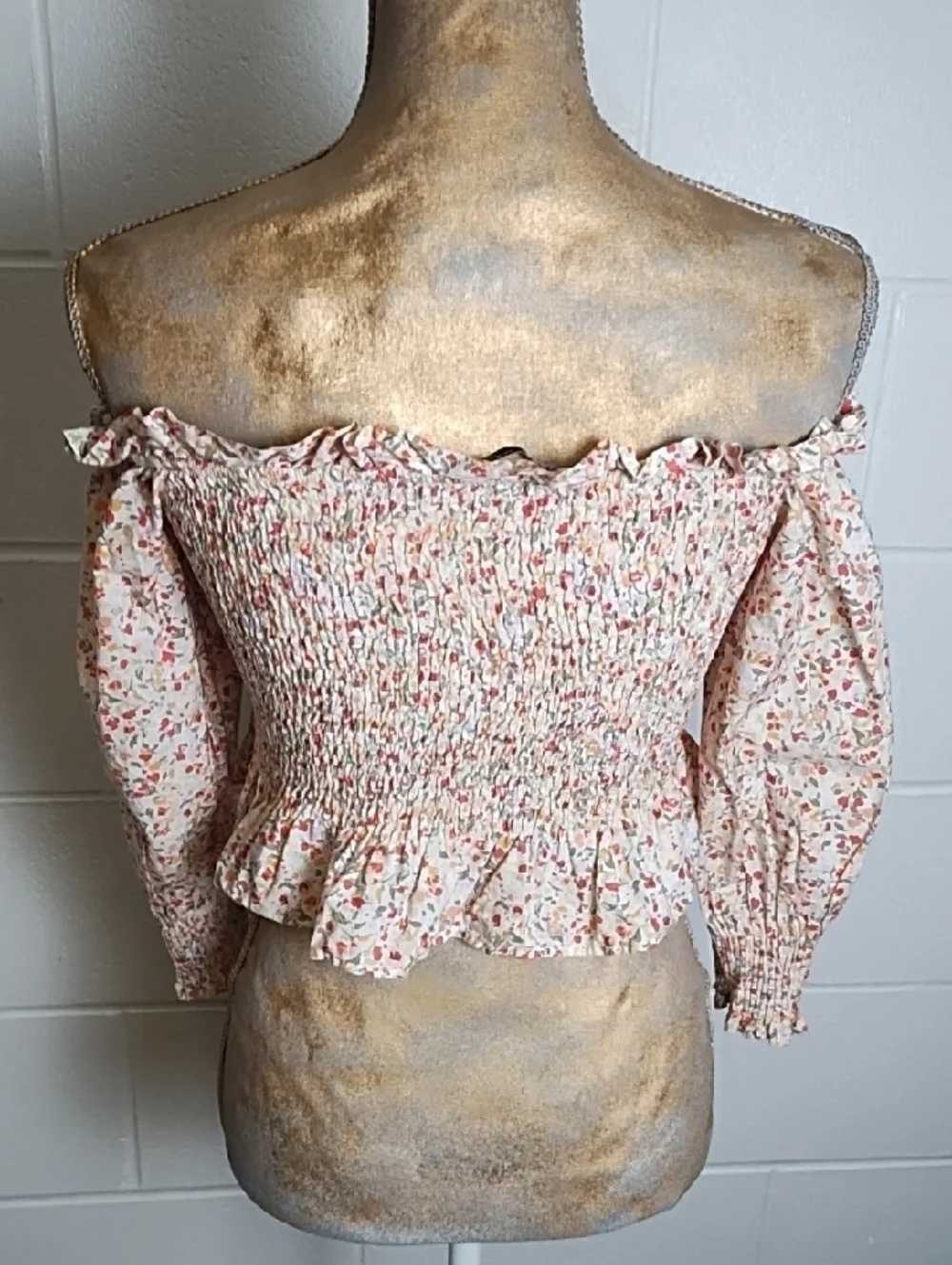 Zara Cotton Floral Off-the-Shoulder Smocked Ruffle Top